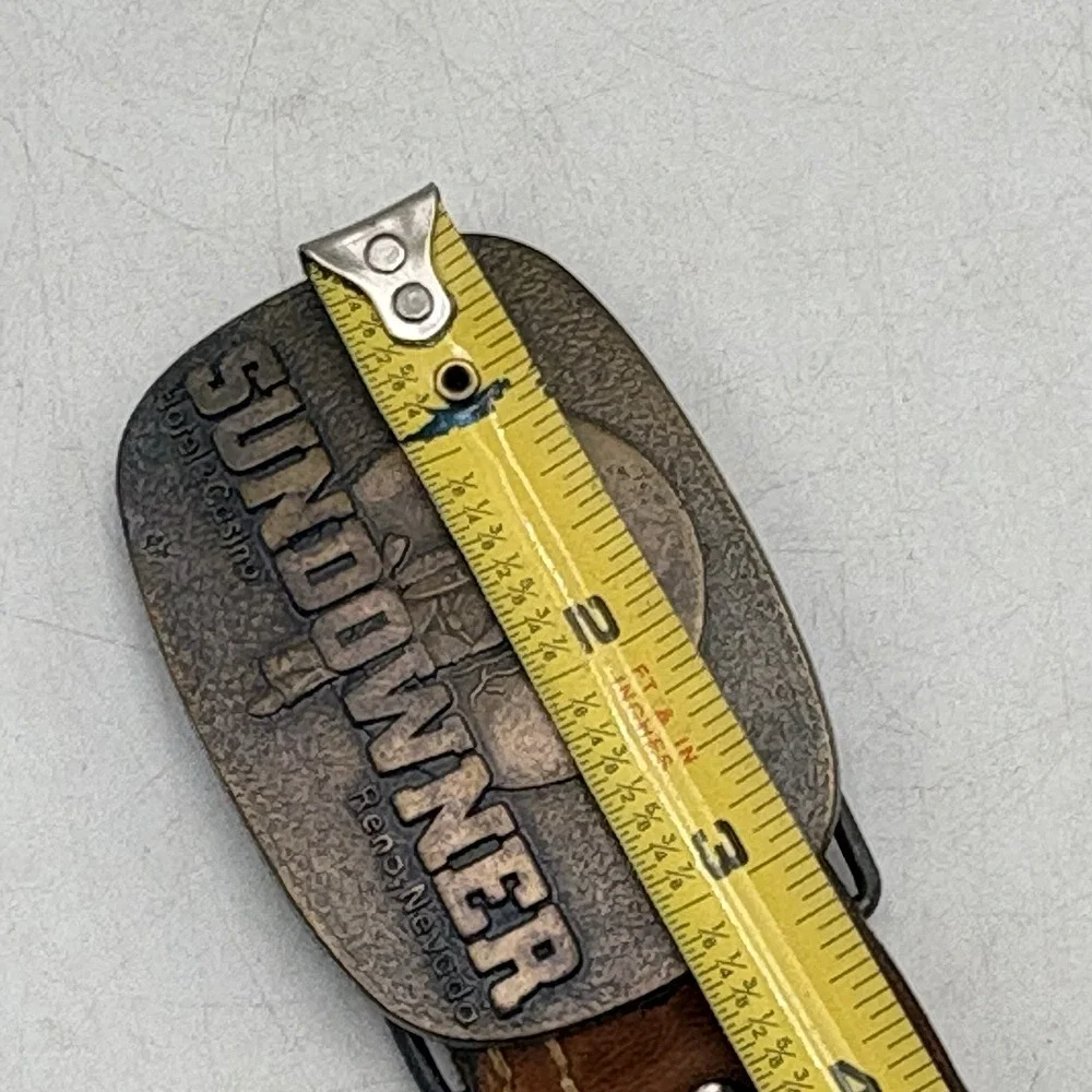 VTG Sears Leather Belt Brown Sz 42 Sundowner Reno Nevada Casino Brass Buckle USA